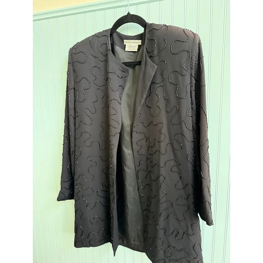 Vintage Nancy Heller Bergdorf Goodman‎ Beaded Evening Jacket Black Squiggle Coat
